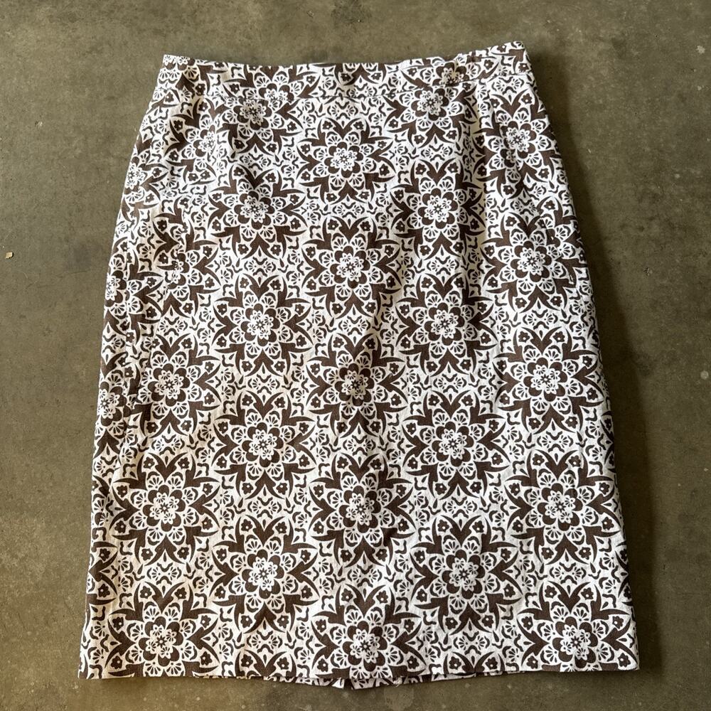 Vtg Chadwicks Womens 4 Brown Floral Lightweight Linen Knee Skirt Pencil Straight